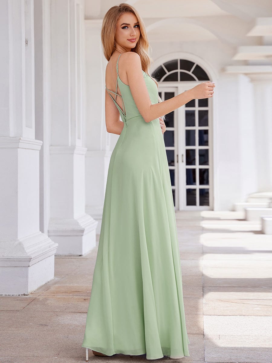 Chic V-Neck Pleated Sleeveless Applique Waist Bridesmaid Dress #color_Mint Green