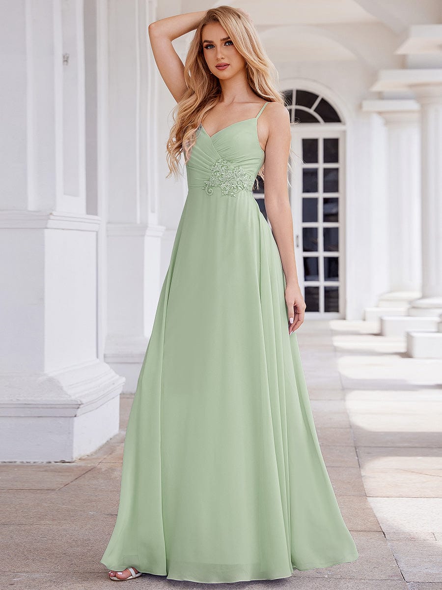 Chic V Neck Pleated Sleeveless Applique Waist Bridesmaid Dress