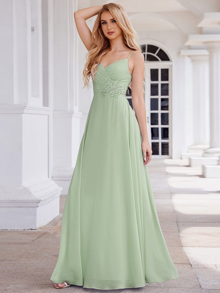 Chic V-Neck Pleated Sleeveless Applique Waist Bridesmaid Dress #color_Mint Green