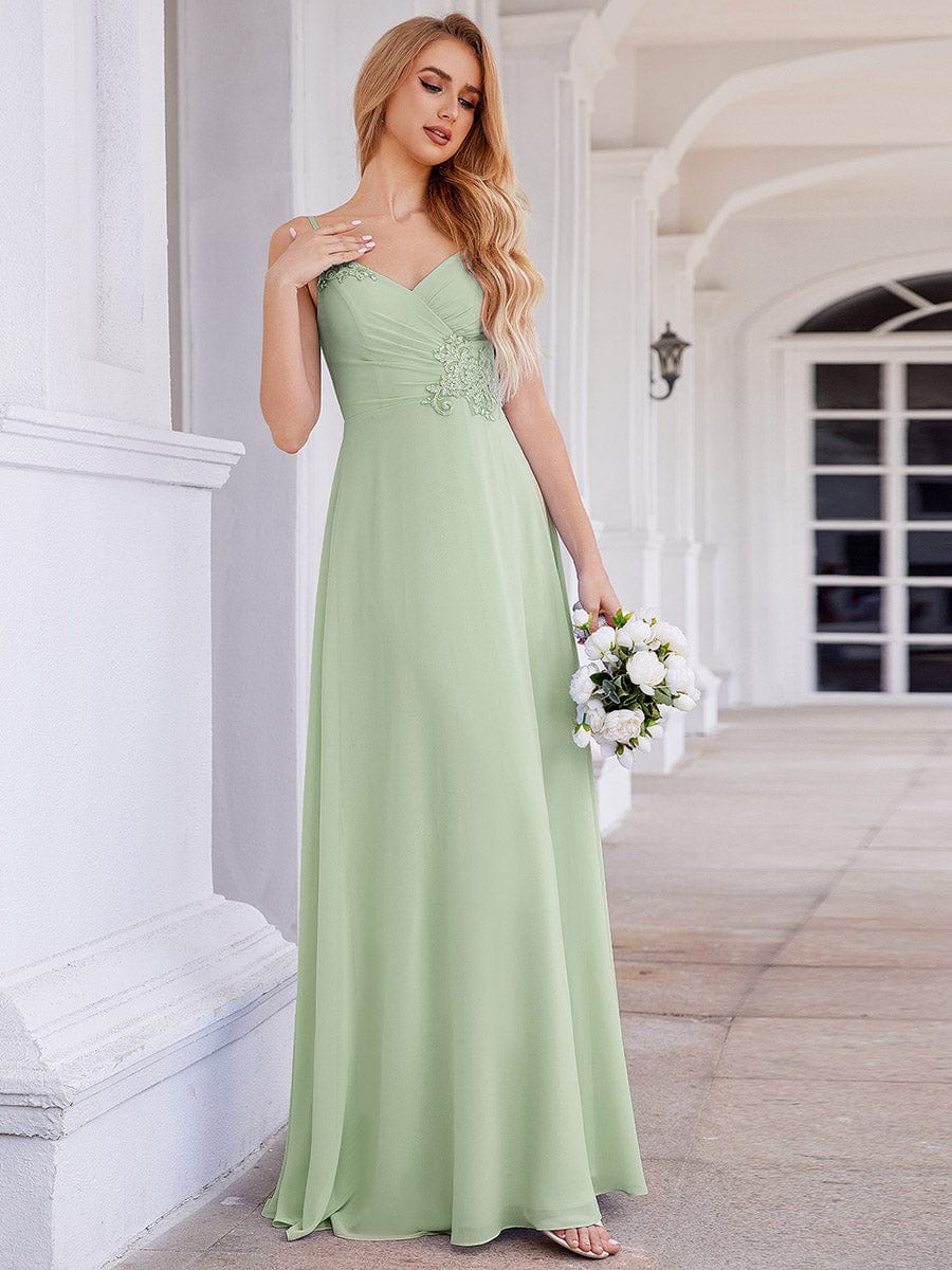 Chic V-Neck Pleated Sleeveless Applique Waist Bridesmaid Dress #color_Mint Green