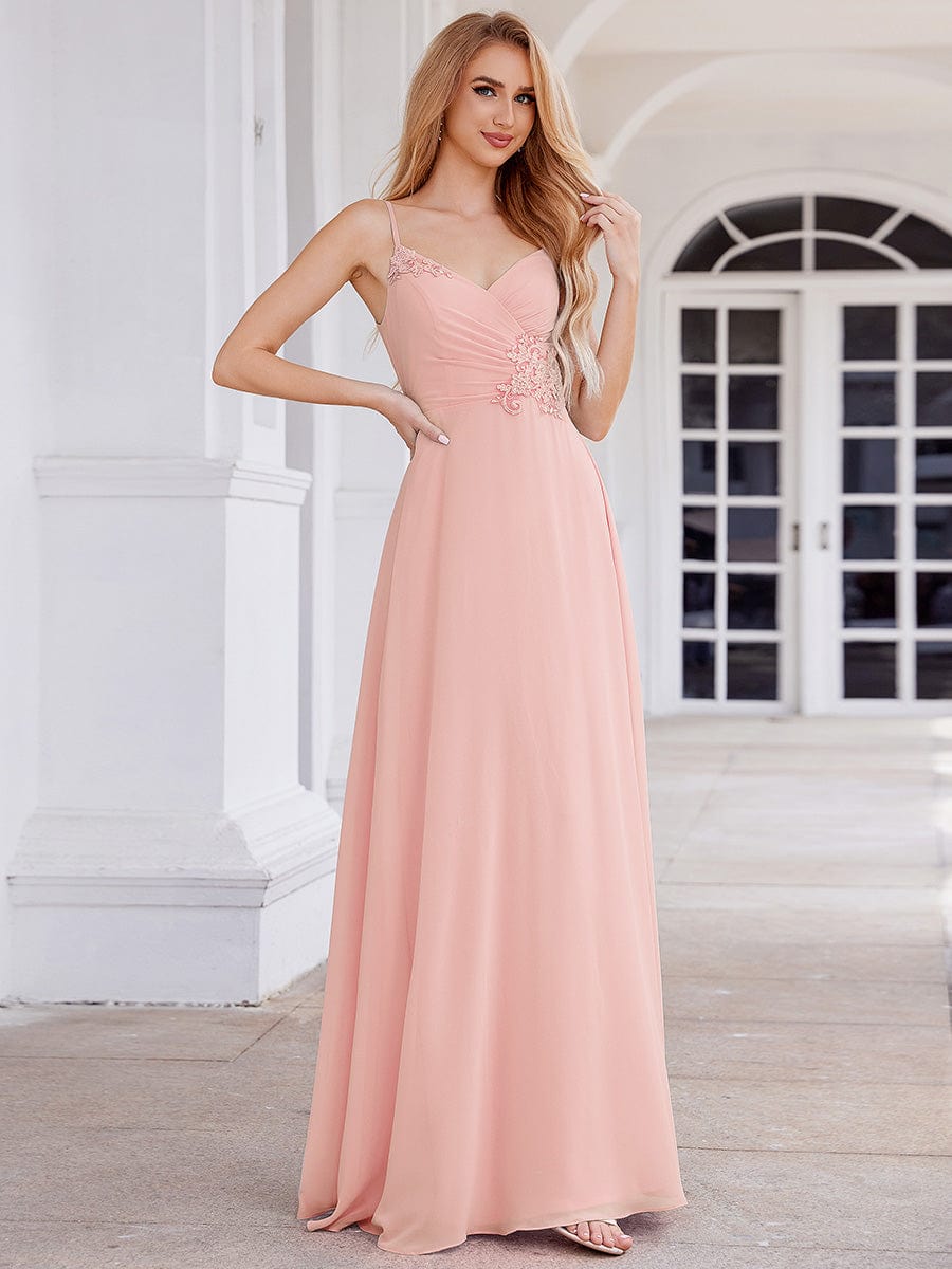 Chic V-Neck Pleated Sleeveless Applique Waist Bridesmaid Dress #color_Pink