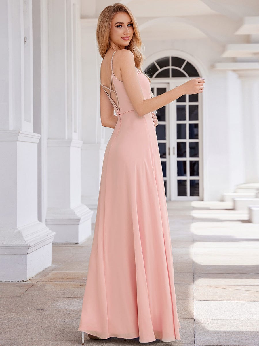 Chic V-Neck Pleated Sleeveless Applique Waist Bridesmaid Dress #color_Pink