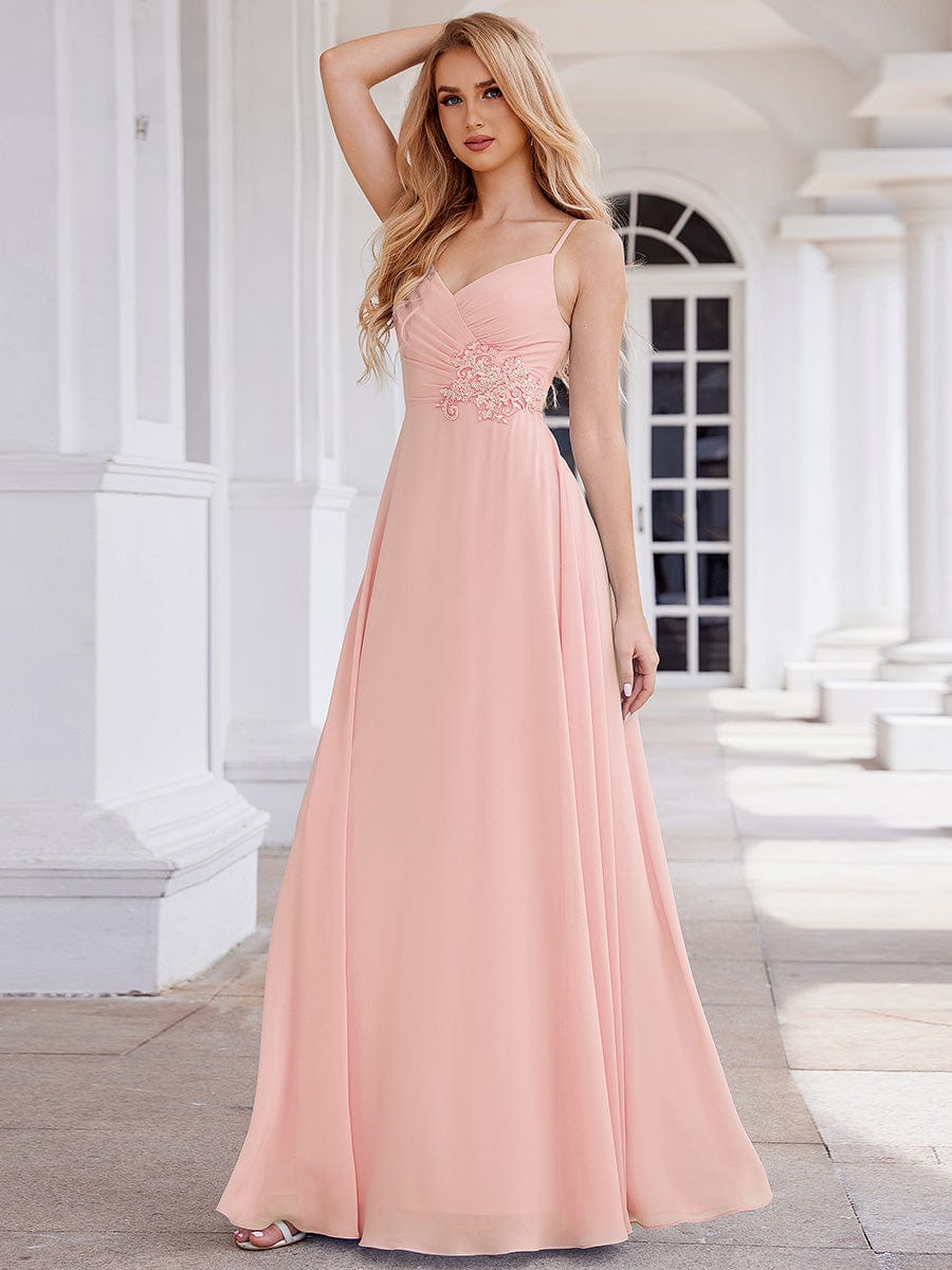 Chic V-Neck Pleated Sleeveless Applique Waist Bridesmaid Dress #color_Pink