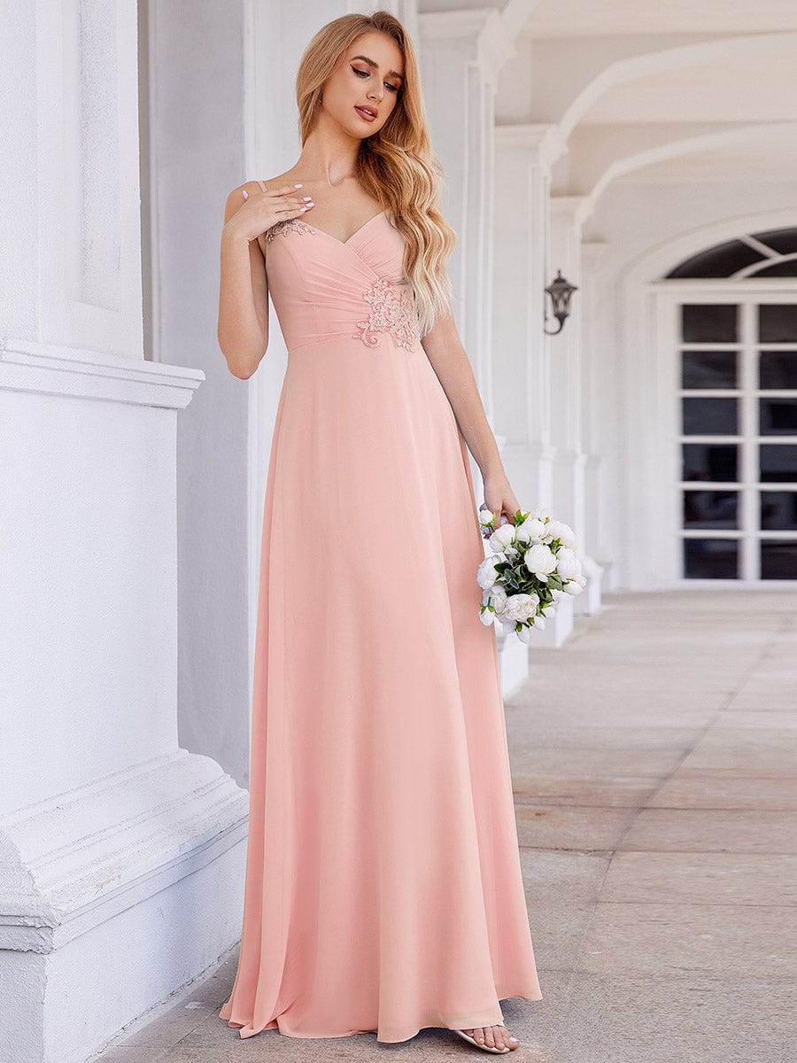 Chic V-Neck Pleated Sleeveless Applique Waist Bridesmaid Dress #color_Pink