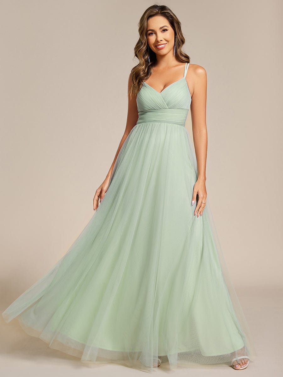 Lace Back Cross-Strap V-Neck Pleated Sleeveless Tulle Bridesmaid Dress #color_Mint Green