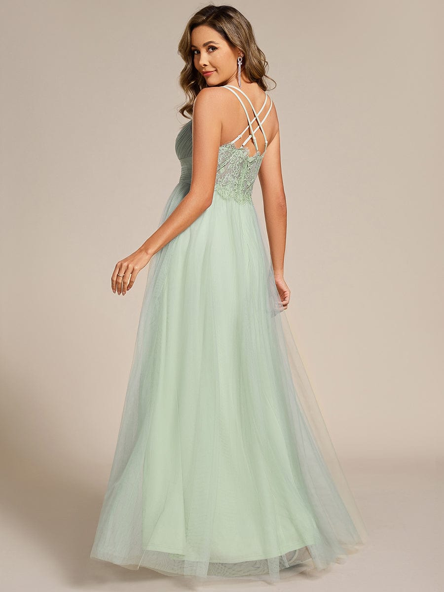 Lace Back Cross-Strap V-Neck Pleated Sleeveless Tulle Bridesmaid Dress #color_Mint Green