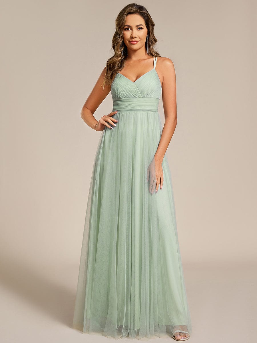 Lace Back Cross-Strap V-Neck Pleated Sleeveless Tulle Bridesmaid Dress #color_Mint Green