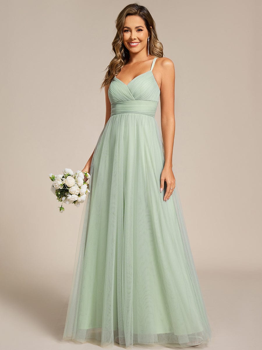 Lace Back Cross-Strap V-Neck Pleated Sleeveless Tulle Bridesmaid Dress #color_Mint Green