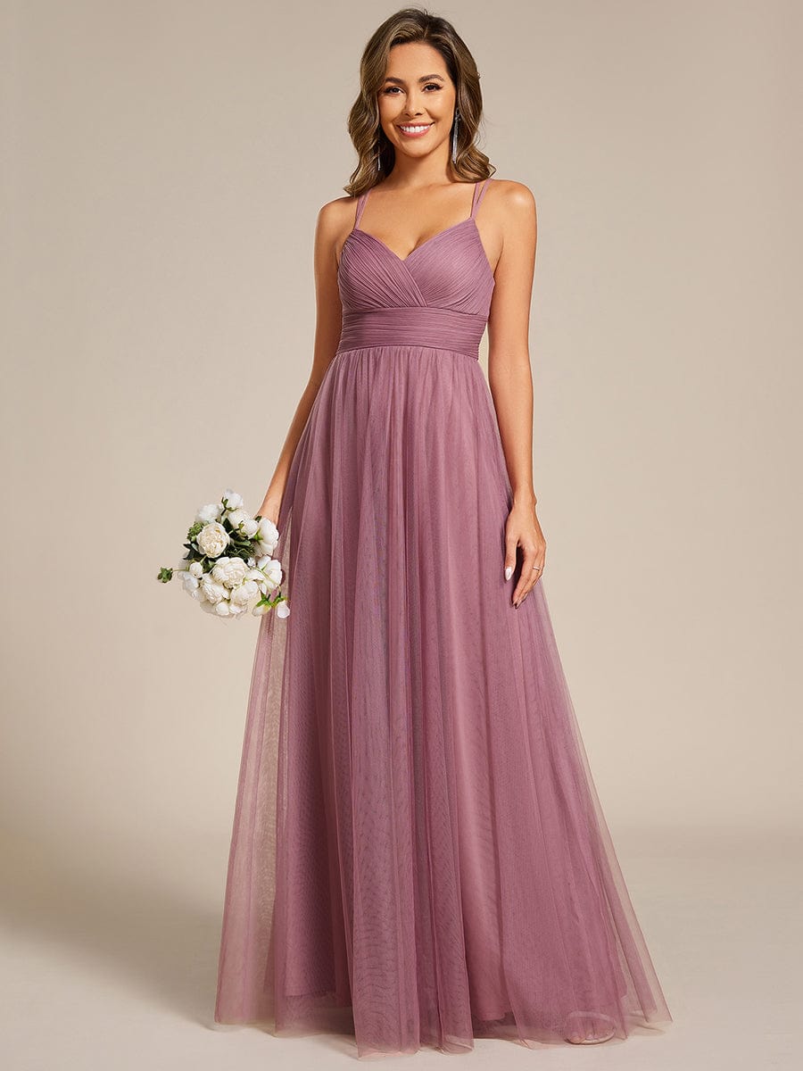 Lace Back Cross-Strap V-Neck Pleated Sleeveless Tulle Bridesmaid Dress #color_Purple Orchid