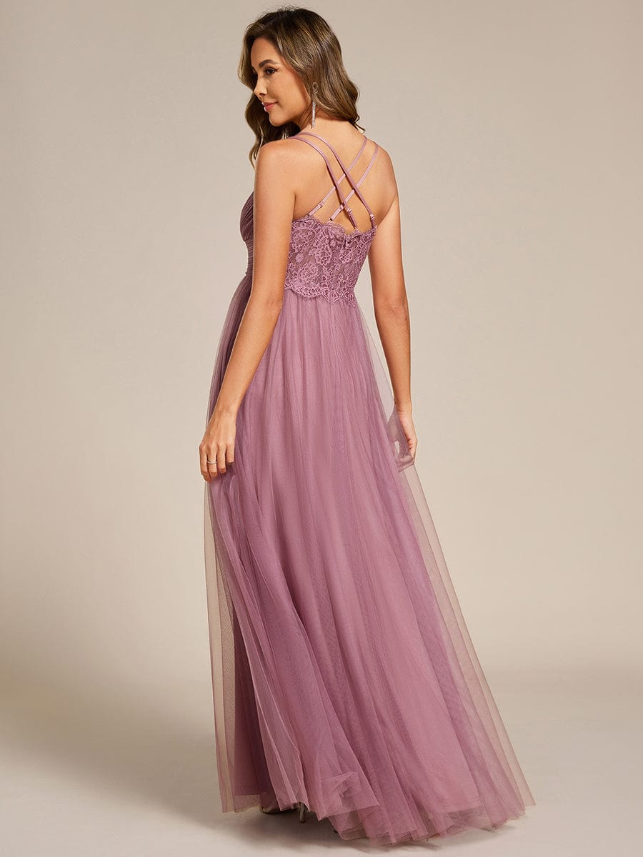 Lace Back Cross-Strap V-Neck Pleated Sleeveless Tulle Bridesmaid Dress #color_Purple Orchid