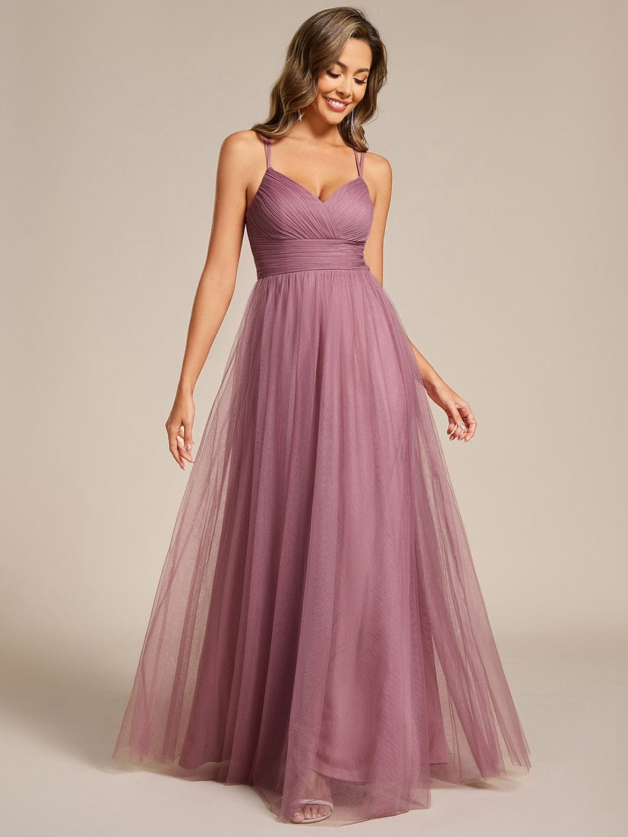 Lace Back Cross-Strap V-Neck Pleated Sleeveless Tulle Bridesmaid Dress #color_Purple Orchid