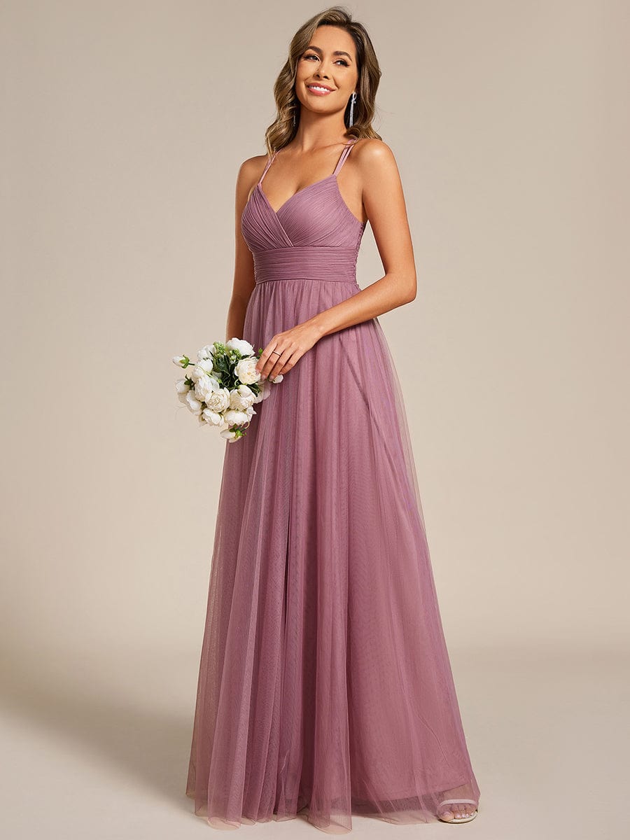 Lace Back Cross-Strap V-Neck Pleated Sleeveless Tulle Bridesmaid Dress #color_Purple Orchid