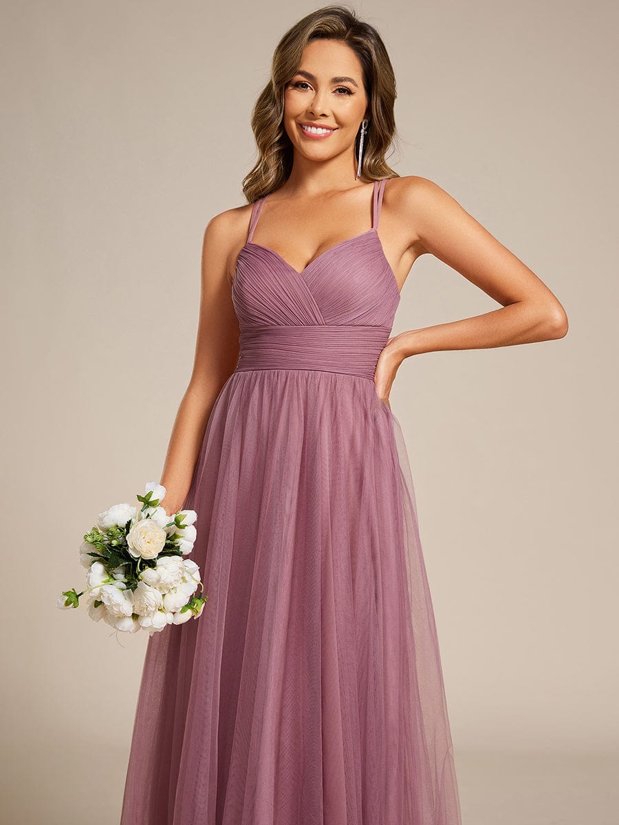 Lace Back Cross-Strap V-Neck Pleated Sleeveless Tulle Bridesmaid Dress #color_Purple Orchid