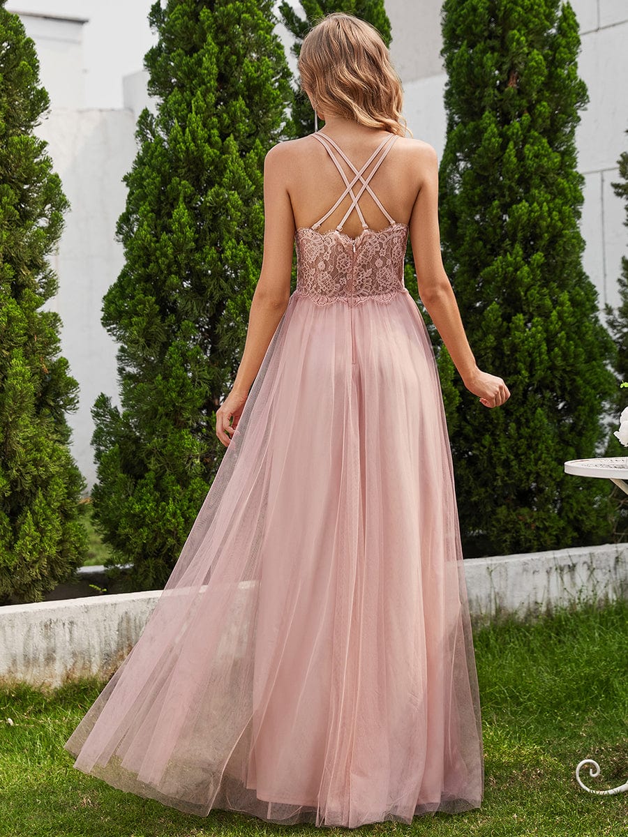 Lace Back Cross-Strap V-Neck Pleated Sleeveless Tulle Bridesmaid Dress #color_Pink