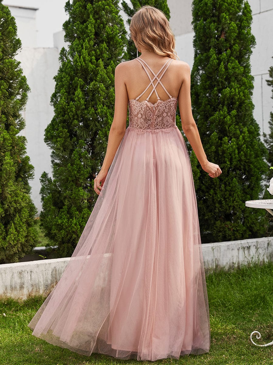 Lace Back Cross-Strap V-Neck Pleated Sleeveless Tulle Dress In Pink #color_Pink