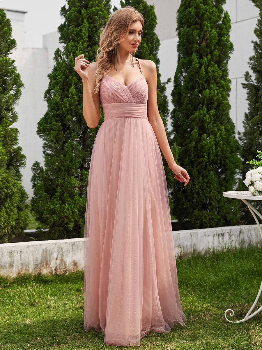 Lace Back Cross-Strap V-Neck Pleated Sleeveless Tulle Dress In Pink #color_Pink