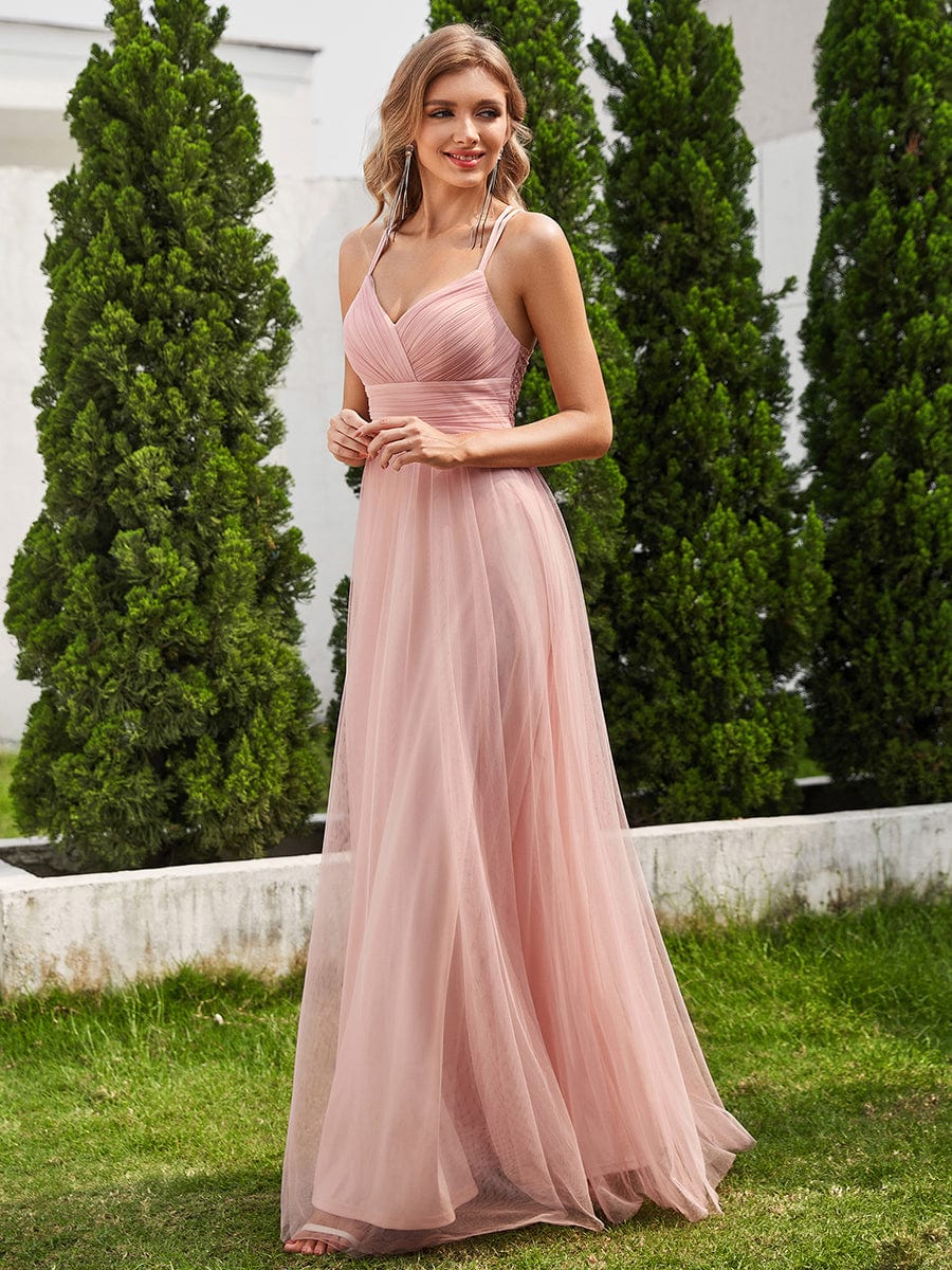 Lace Back Cross-Strap V-Neck Pleated Sleeveless Tulle Dress In Pink #color_Pink