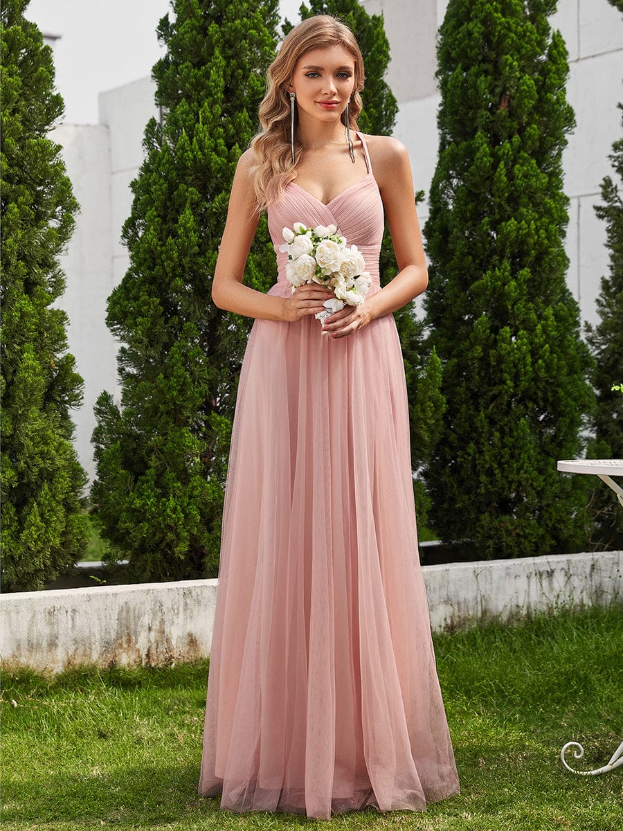 Lace Back Cross-Strap V-Neck Pleated Sleeveless Tulle Dress In Pink #color_Pink