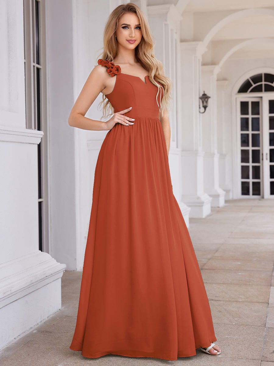 Elegant V-Neck Floral Strap Empire Waist Chiffon Bridesmaid Dress #color_Burnt Orange