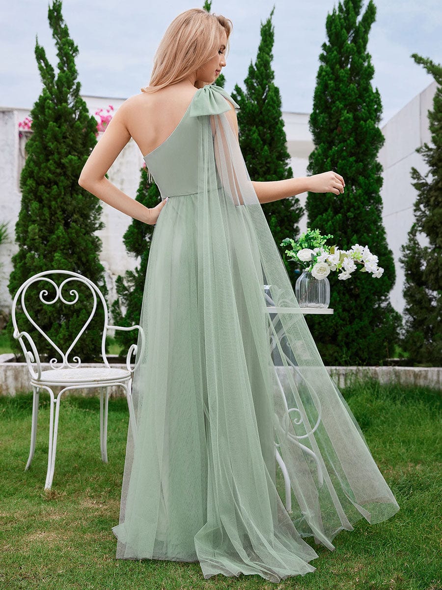 One Shoulder Streamer A-Line Tulle Maxi Bridesmaid Dress with Bowknot #color_Mint Green