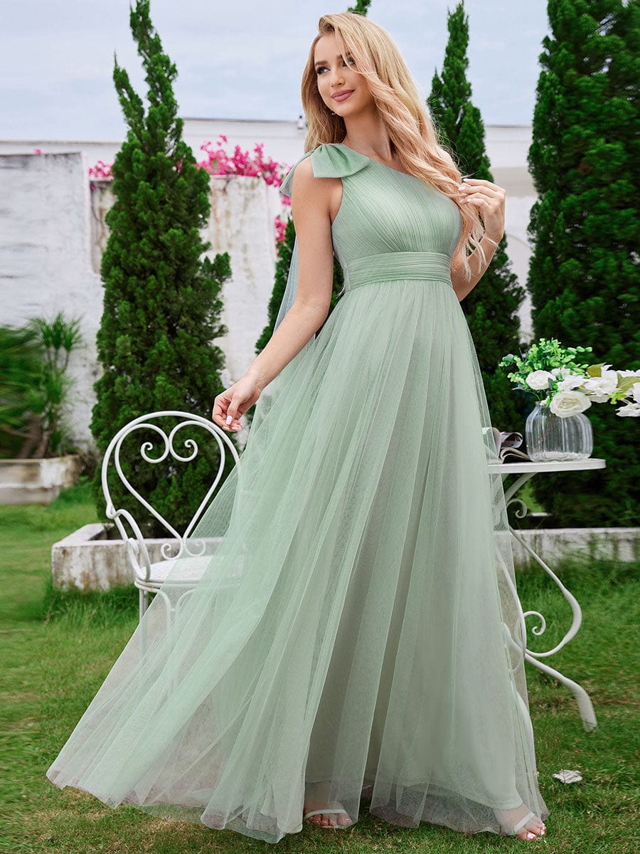 One Shoulder Streamer A-Line Tulle Maxi Bridesmaid Dress with Bowknot #color_Mint Green