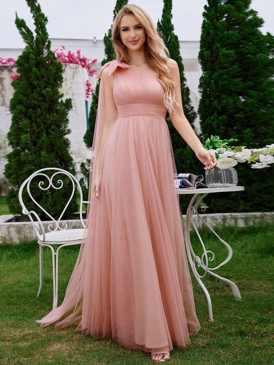 One Shoulder Streamer A-Line Tulle Maxi Bridesmaid Dress with Bowknot #color_Pink