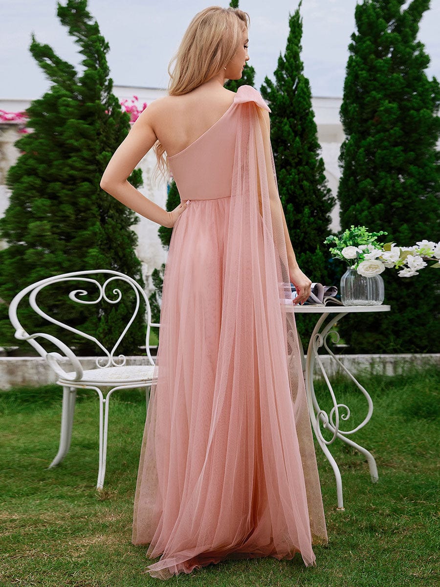 One Shoulder Streamer A-Line Tulle Maxi Bridesmaid Dress with Bowknot #color_Pink