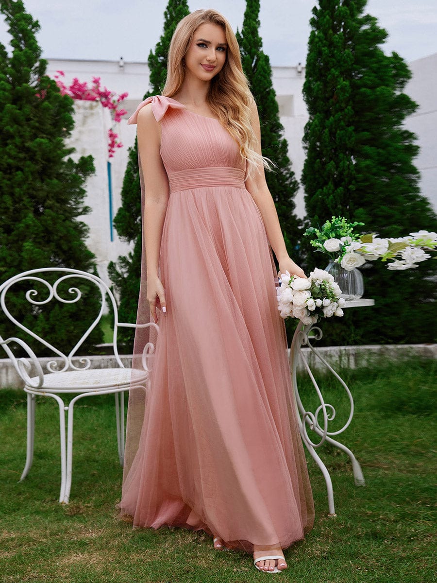 One Shoulder Streamer A-Line Tulle Maxi Bridesmaid Dress with Bowknot #color_Pink