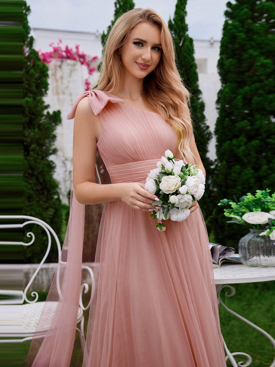 One Shoulder Streamer A-Line Tulle Maxi Bridesmaid Dress with Bowknot #color_Pink