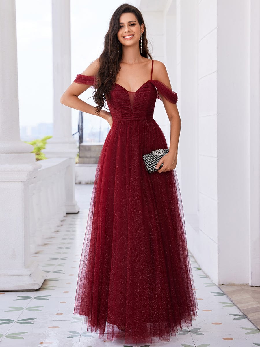 Cold Shoulder A-line Glitter Maxi Bridesmaid Dress #color_Burgundy