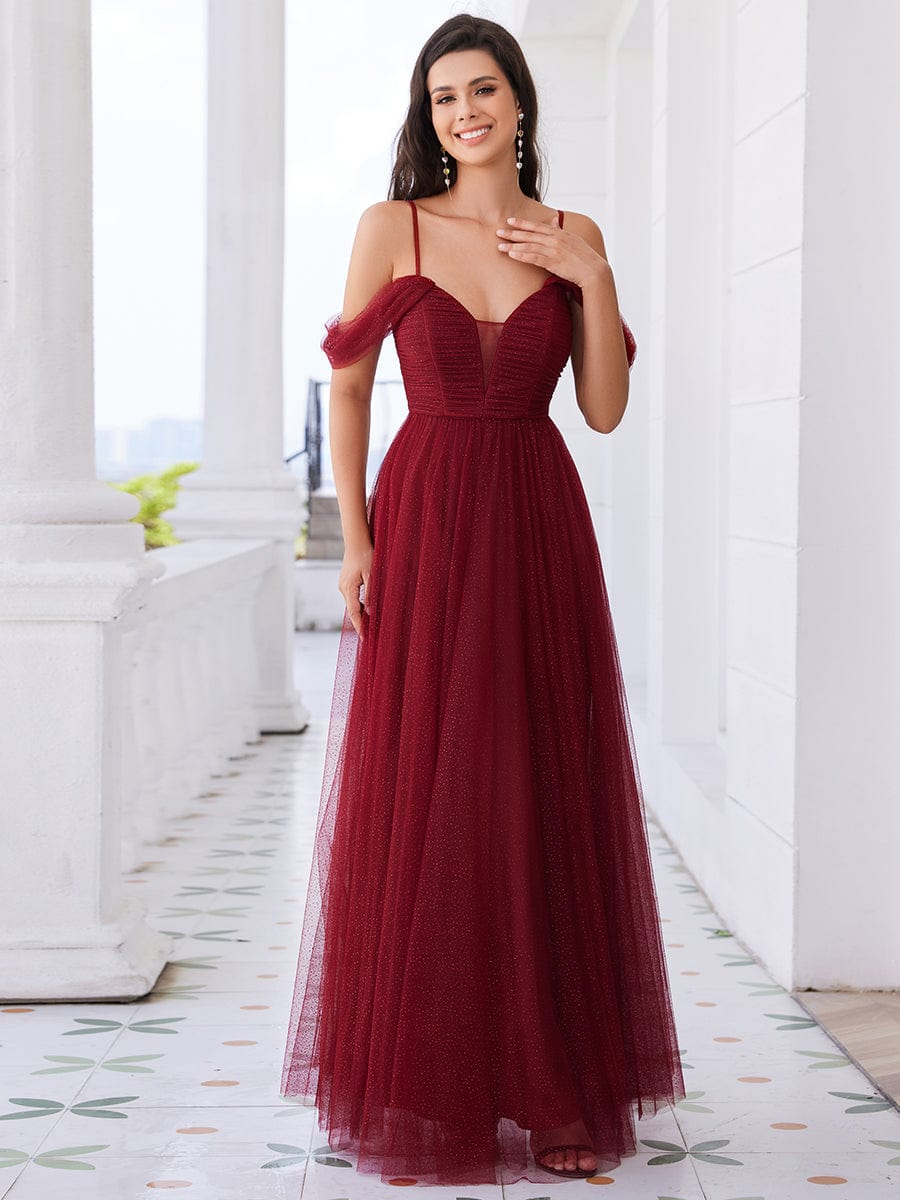 Cold Shoulder A-line Glitter Maxi Bridesmaid Dress #color_Burgundy