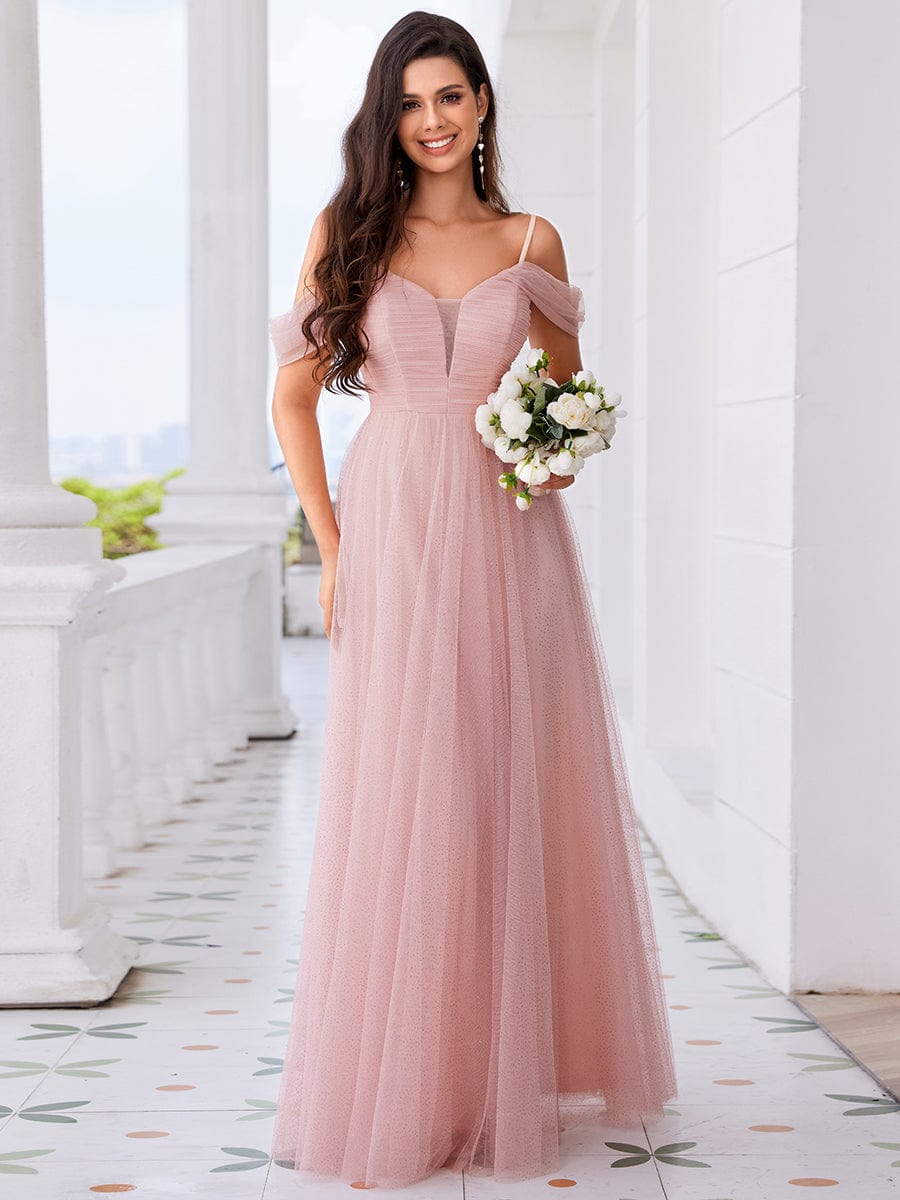 Cold Shoulder A-line Glitter Maxi Bridesmaid Dress #color_Pink