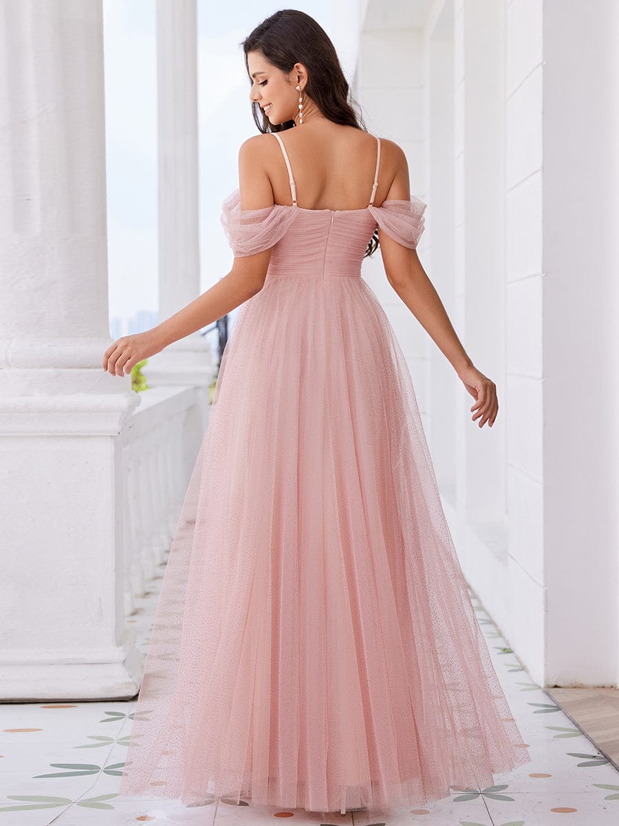 Cold Shoulder A-line Glitter Maxi Bridesmaid Dress #color_Pink