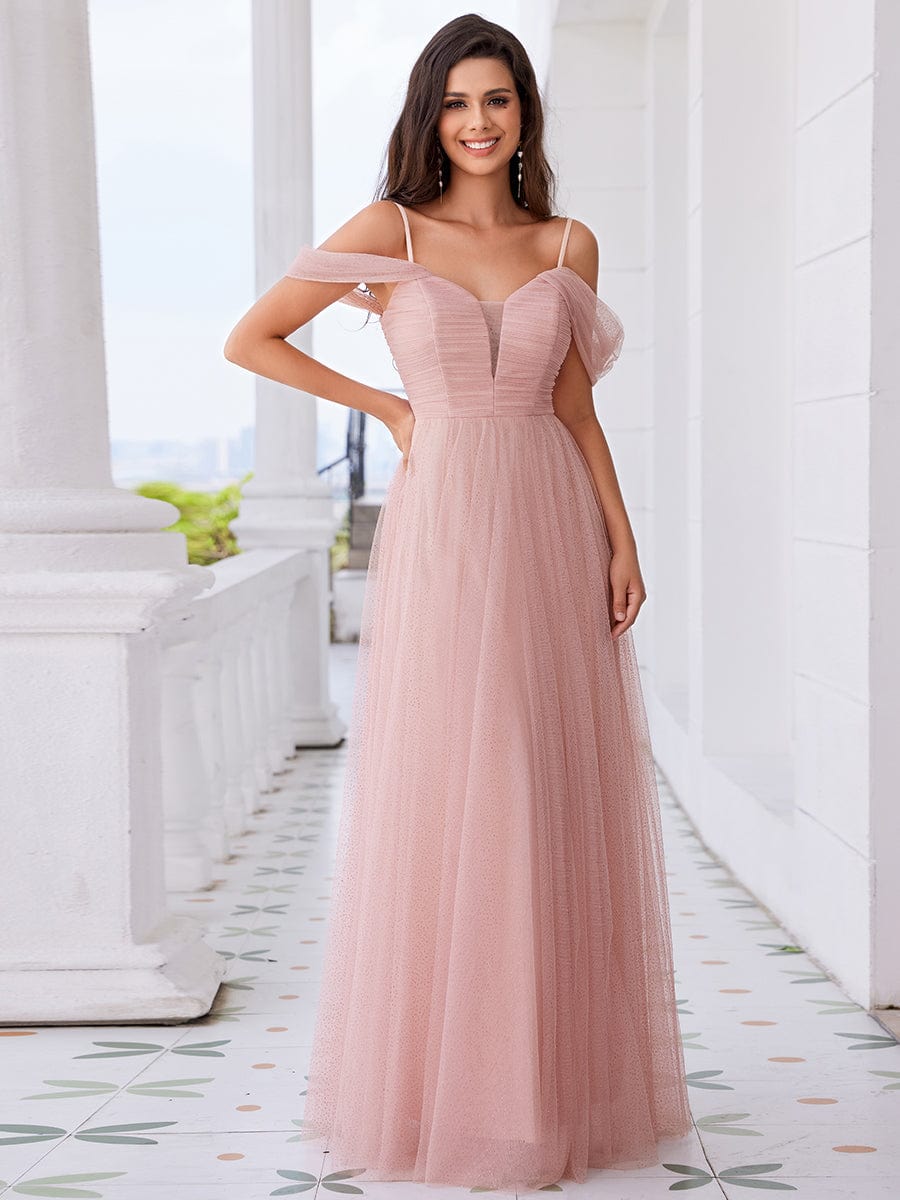 Cold Shoulder A-line Glitter Maxi Bridesmaid Dress #color_Pink