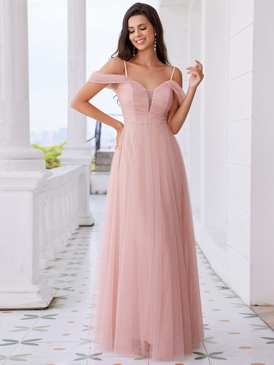 Cold Shoulder A-line Glitter Maxi Bridesmaid Dress #color_Pink