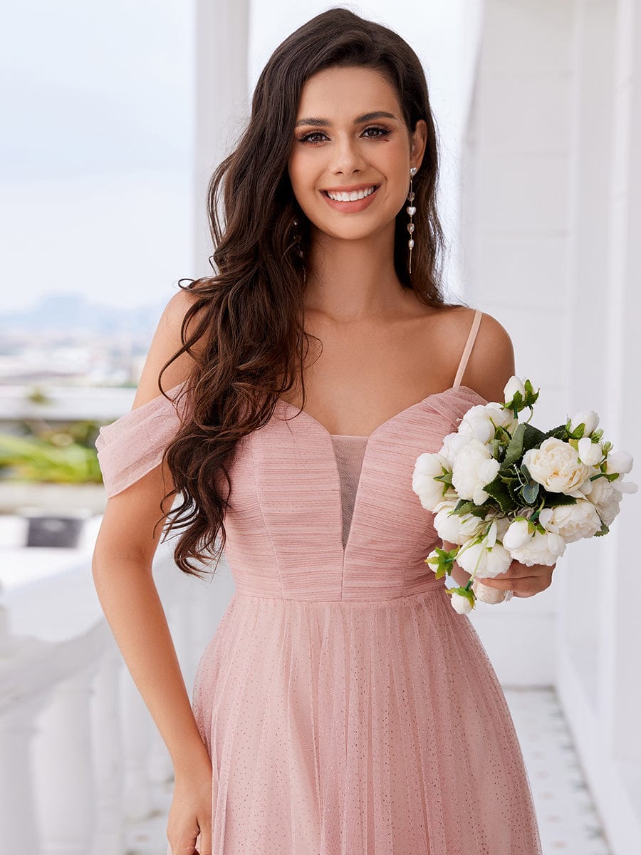 Cold Shoulder A-line Glitter Maxi Bridesmaid Dress #color_Pink