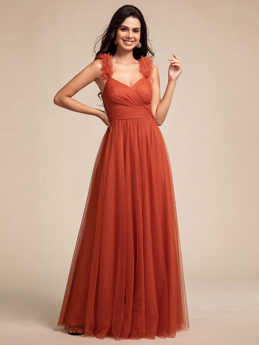 Sleeveless Pleated Glitter Maxi Bridesmaid Dress With Embellished Straps #color_Burnt Orange