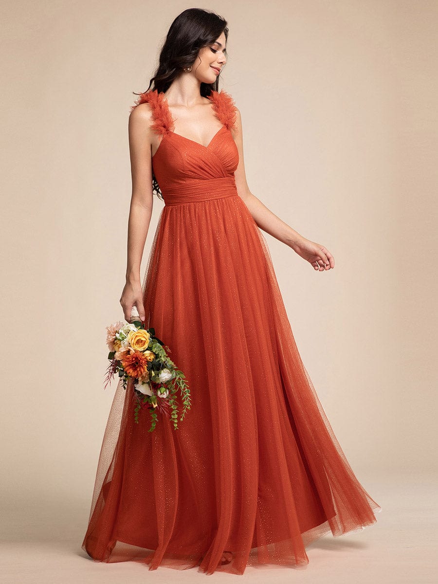 Sleeveless Pleated Glitter Maxi Bridesmaid Dress With Embellished Straps #color_Burnt Orange