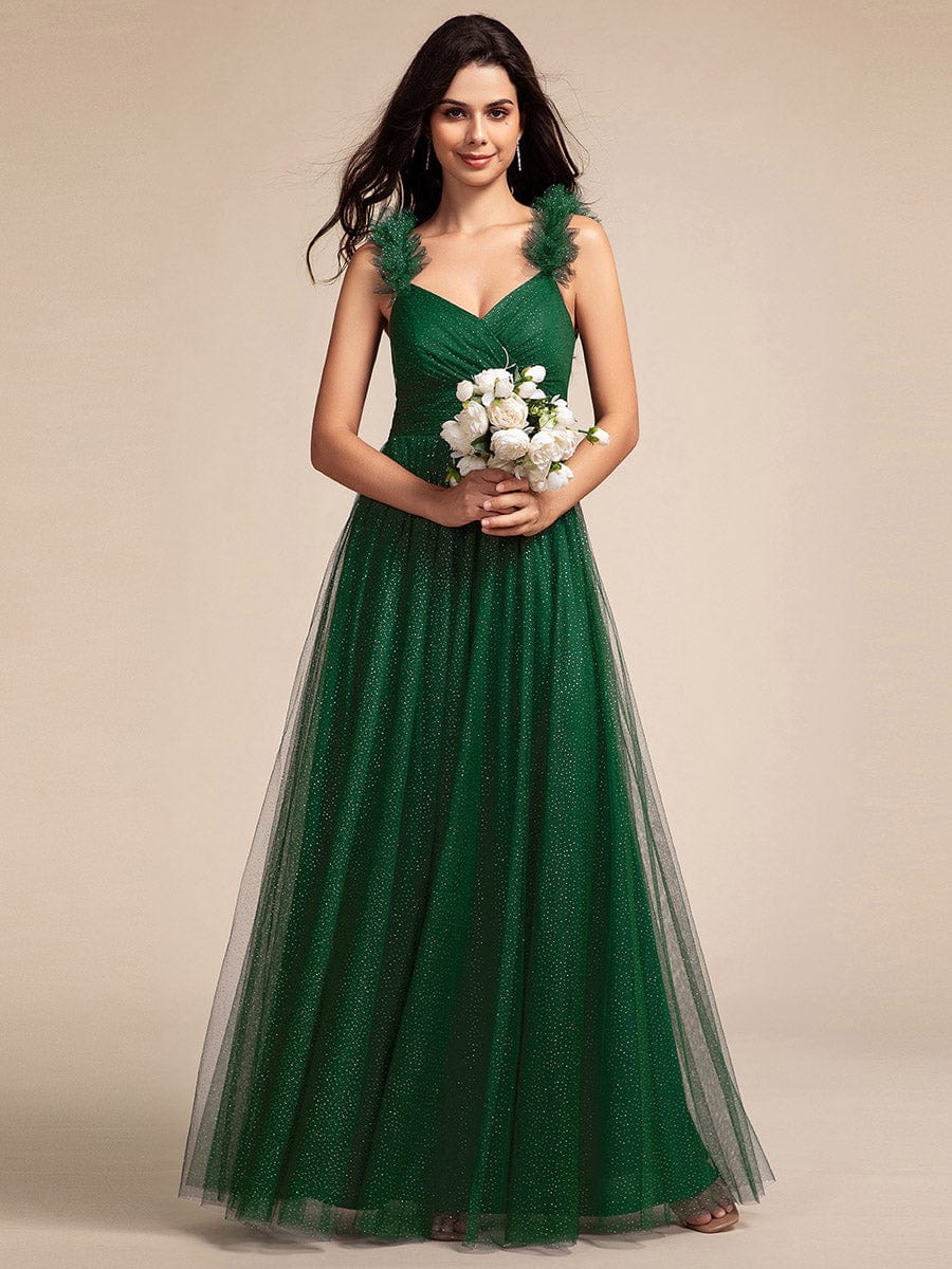 Sleeveless Pleated Glitter Maxi Bridesmaid Dress With Embellished Straps #color_Dark Green