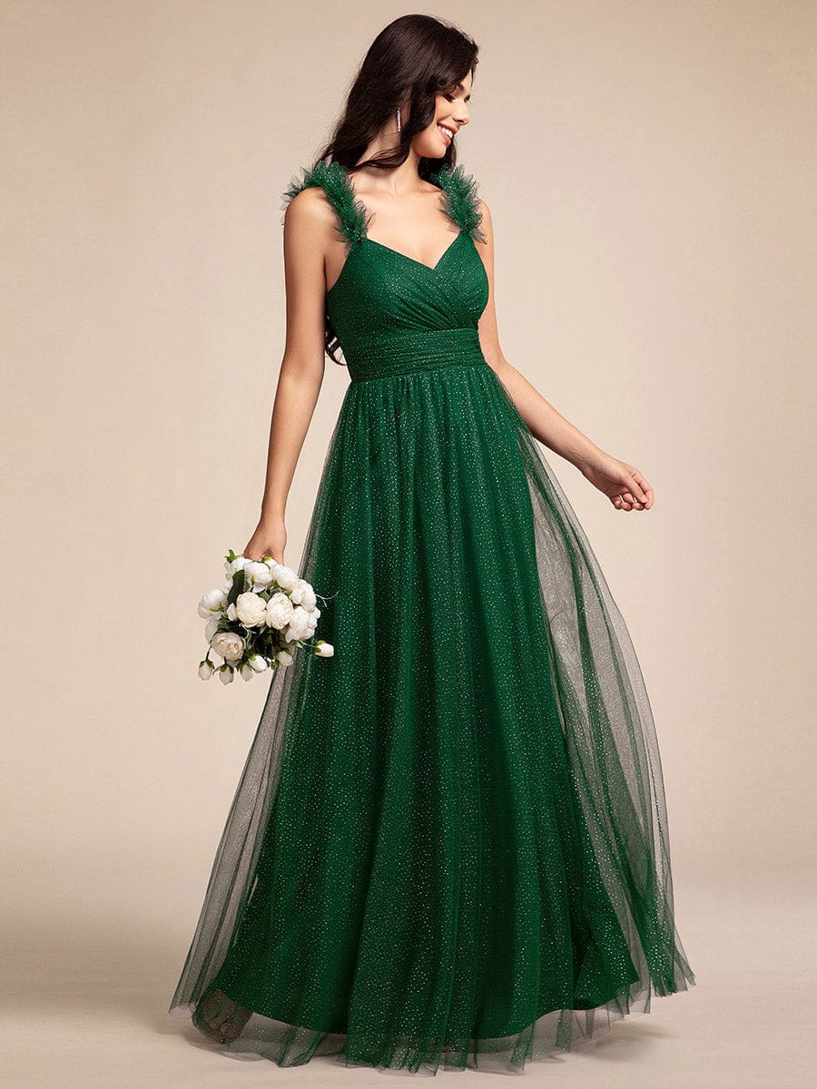 Sleeveless Pleated Glitter Maxi Bridesmaid Dress With Embellished Straps #color_Dark Green