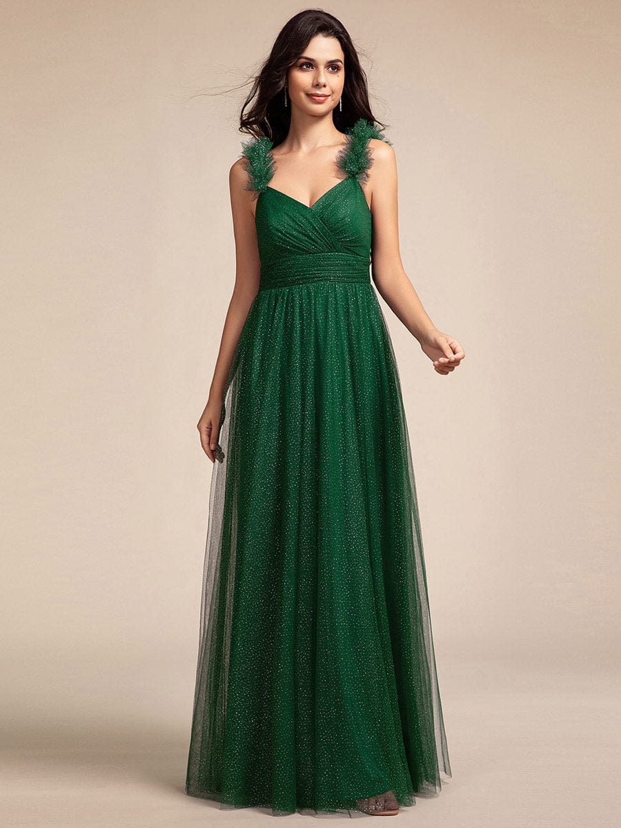 Sleeveless Pleated Glitter Maxi Bridesmaid Dress With Embellished Straps #color_Dark Green