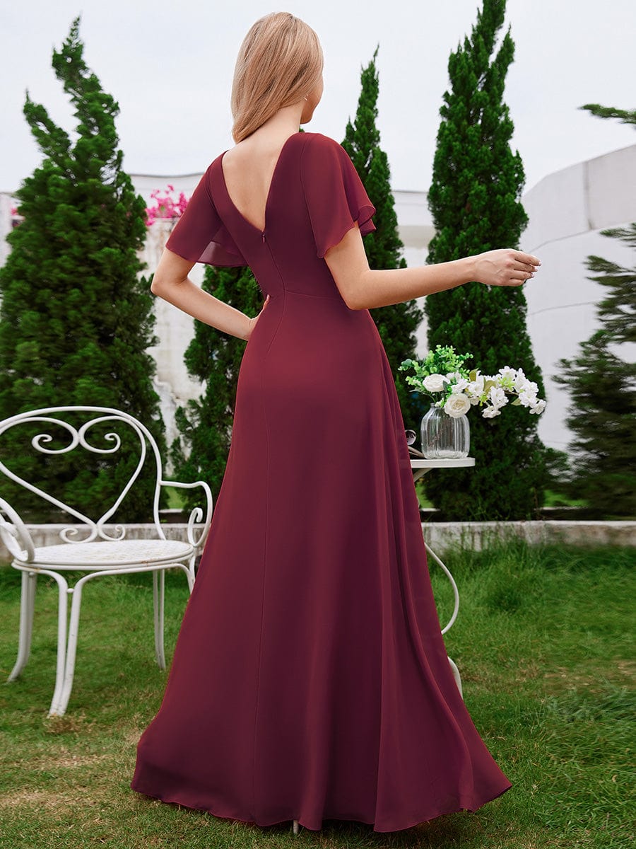 A-Line Ruffle Sleeves Chiffon Bridesmaid Dress with V-Neck Pleats #color_Burgundy