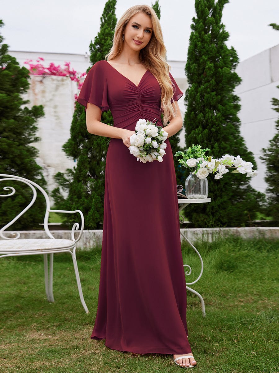 A-Line Ruffle Sleeves Chiffon Bridesmaid Dress with V-Neck Pleats #color_Burgundy