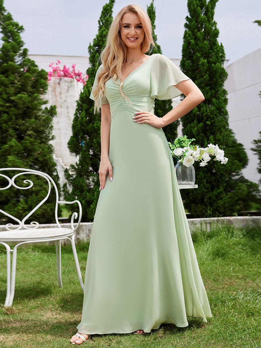A-Line Ruffle Sleeves Chiffon Bridesmaid Dress with V-Neck Pleats #color_Mint Green