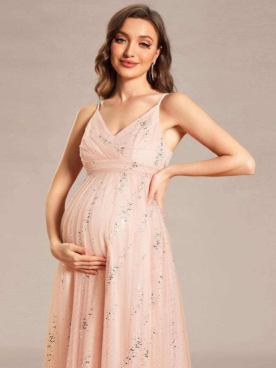 Spaghetti Strap Scattered Sequins V-neck Floor Length Maternity Dress #color_Pink