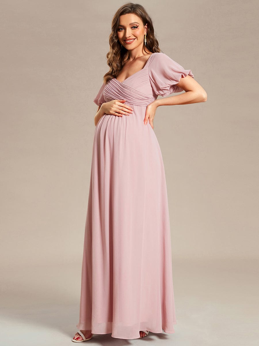 Short Sleeve A-Line Chiffon Pleated Tie-Back Maternity Dress #Color_Dusty Rose