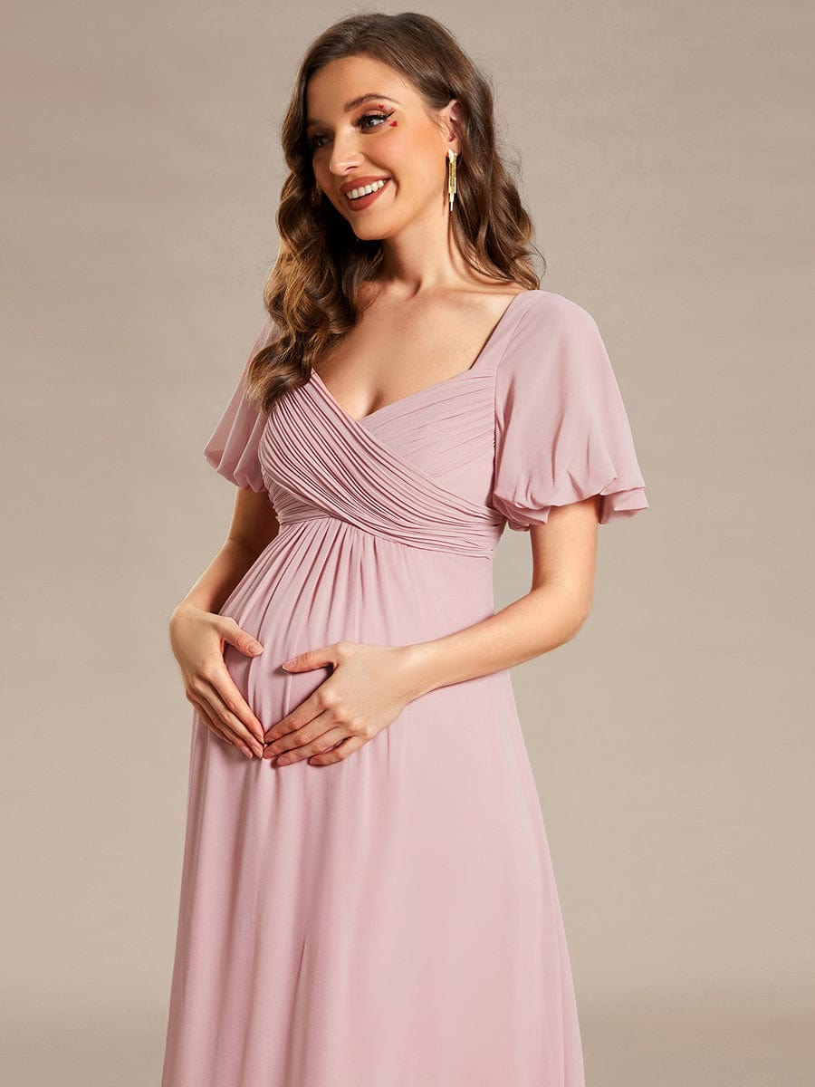 Short Sleeve A-Line Chiffon Pleated Tie-Back Maternity Dress #Color_Dusty Rose