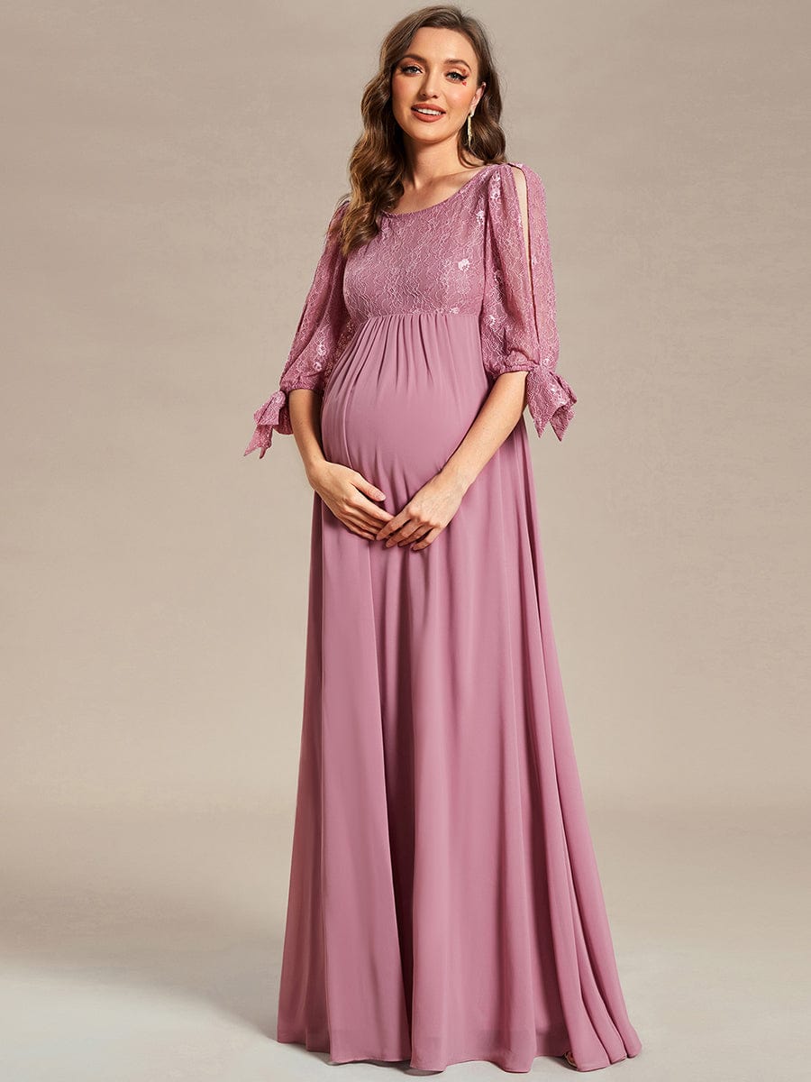 Round Neck Split Sleeve Lace Chiffon A-Line Maternity Dress #Color_Purple Orchid