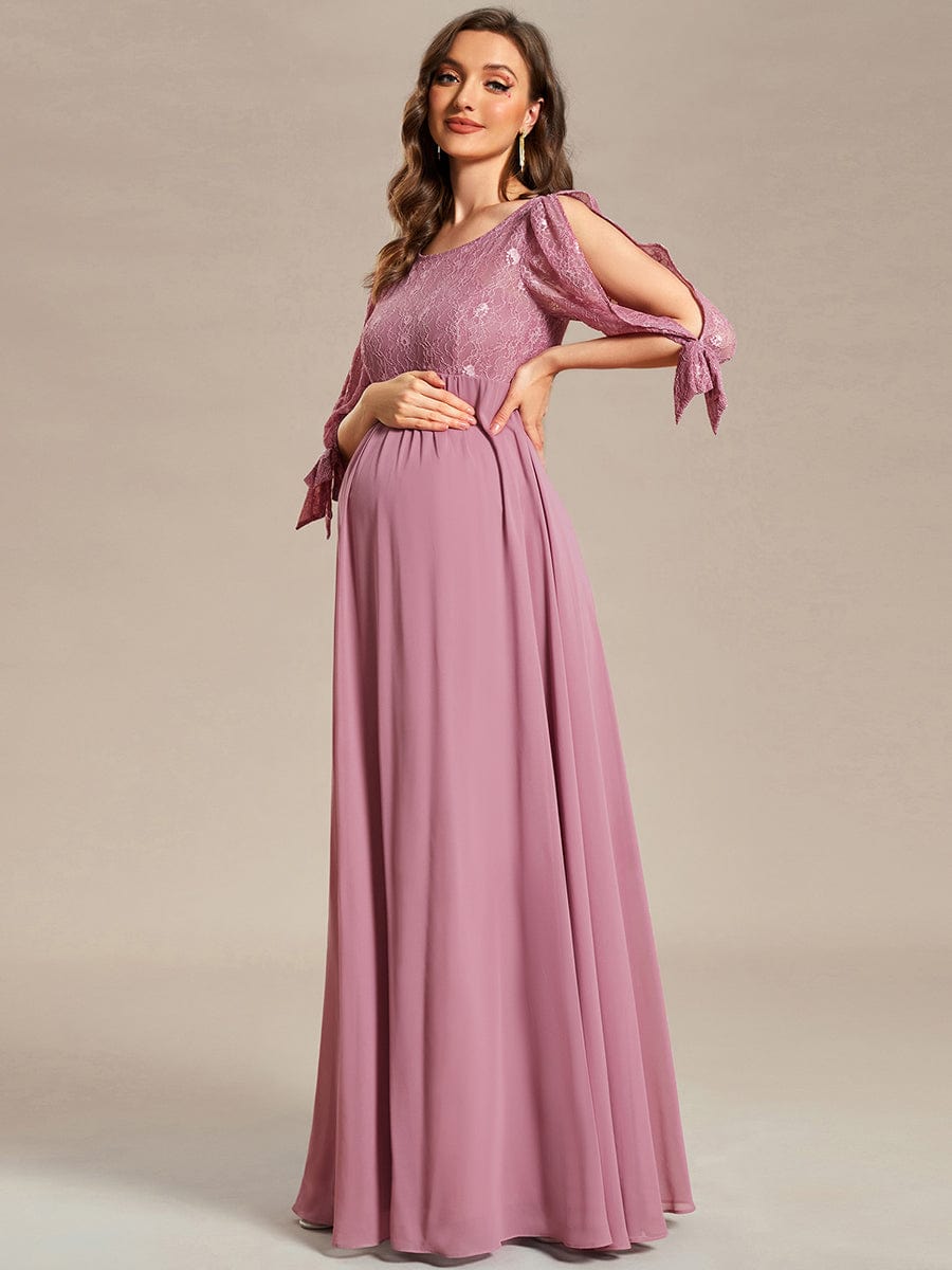 Round Neck Split Sleeve Lace Chiffon A-Line Maternity Dress #Color_Purple Orchid