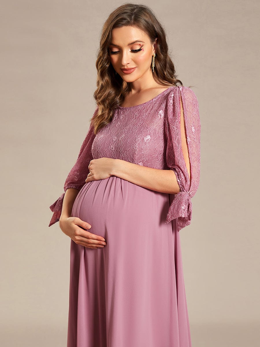 Round Neck Split Sleeve Lace Chiffon A-Line Maternity Dress #Color_Purple Orchid